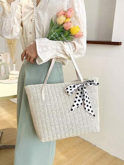 binfenxie - Polka Dot Bow Decor Straw Bag  - Women Tote Bags