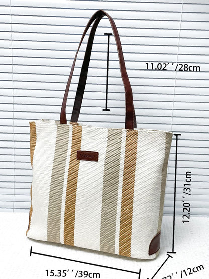 binfenxie - Striped Pattern Letter Patch Shoulder Tote Bag  - Women Tote Bags