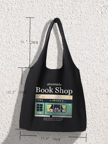 binfenxie - Letter Graphic Canvas Shopper Bag  - Women Tote Bags