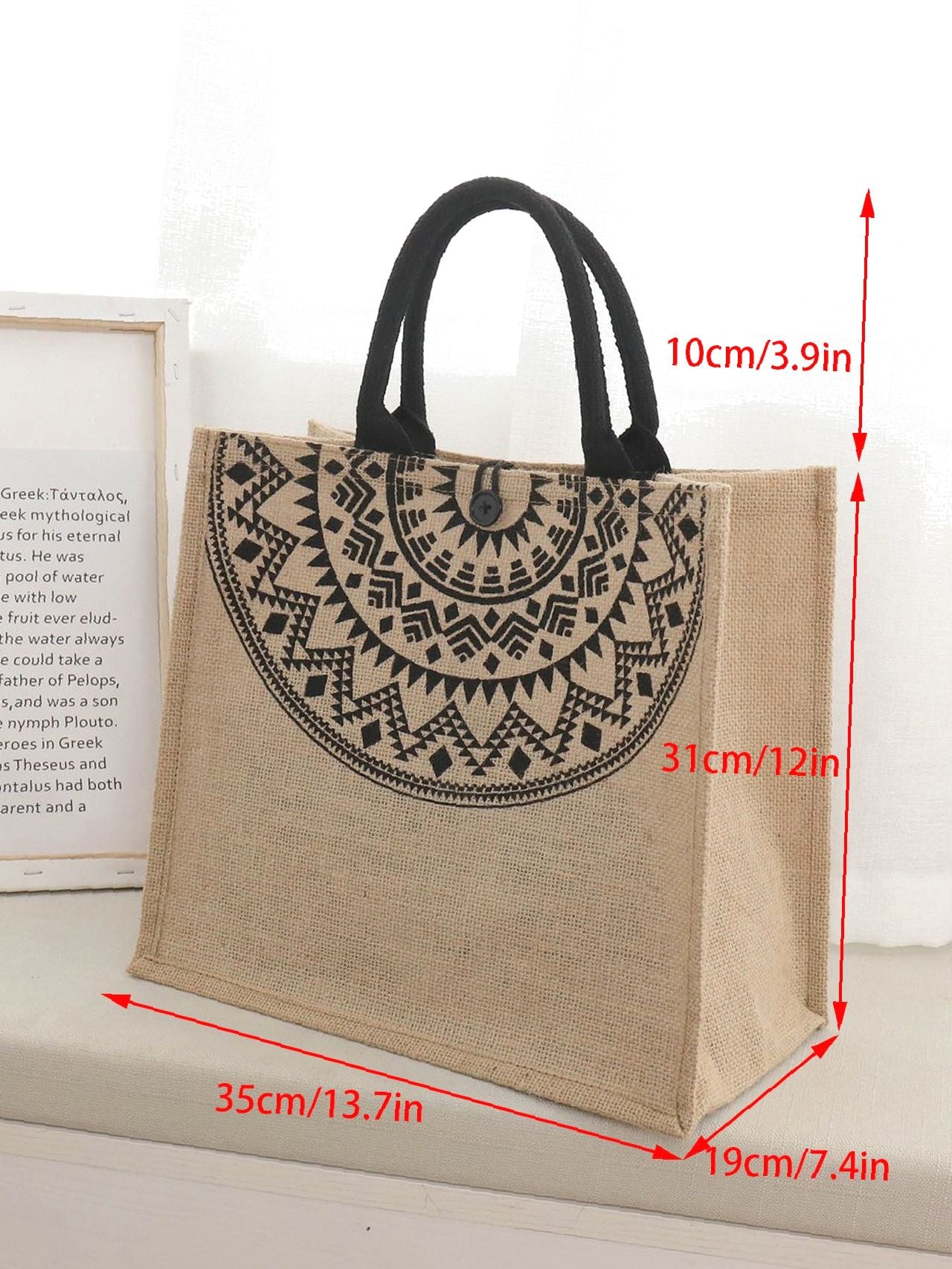 binfenxie - Geometric Print Linen Satchel Bag  - Women Tote Bags