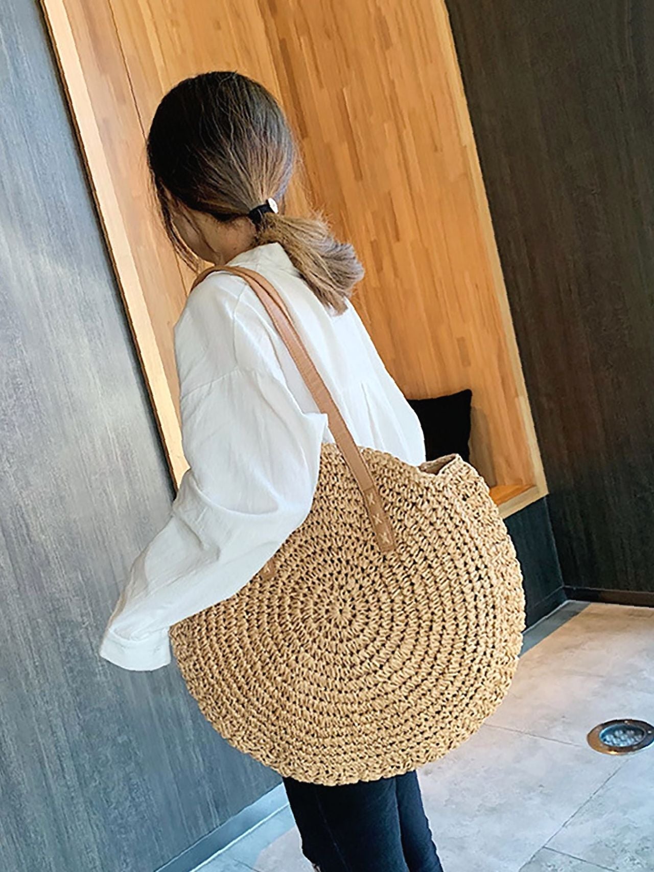 binfenxie - Circle Straw Shoulder Tote Bag  - Women Tote Bags