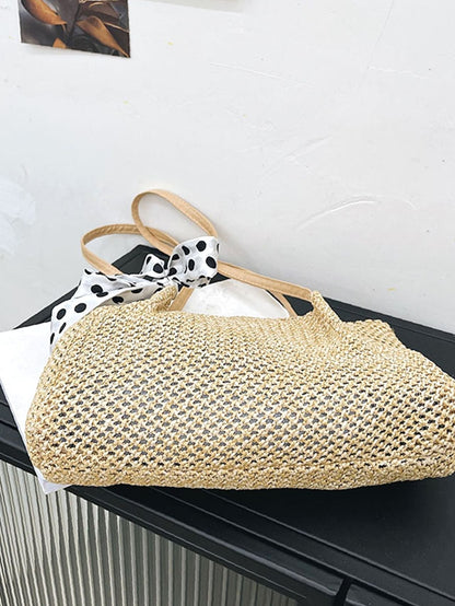 binfenxie - Polka Dot Bow Decor Straw Bag  - Women Tote Bags