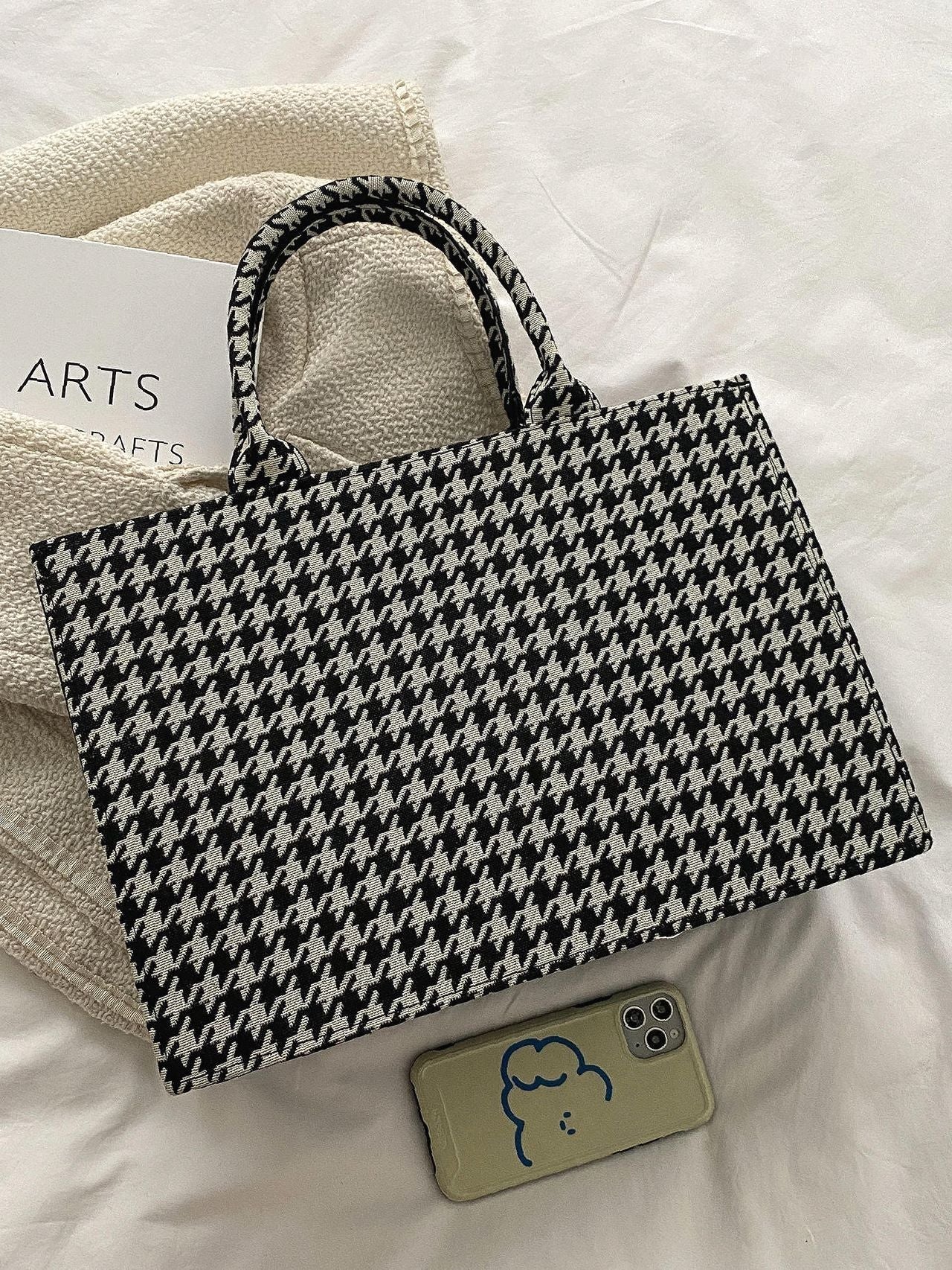 binfenxie - Allover Houndstooth Top Handle Bag  - Women Tote Bags