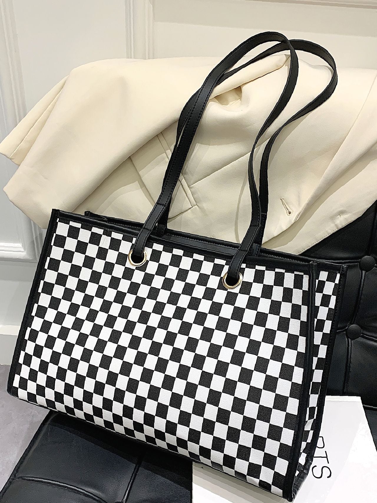 binfenxie - Colorblock Plaid Shoulder Tote Bag  - Women Tote Bags