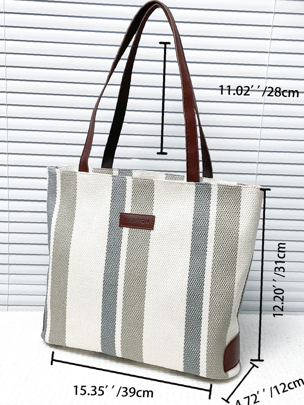 binfenxie - Striped Pattern Letter Patch Shoulder Tote Bag  - Women Tote Bags