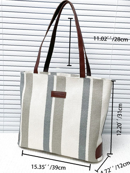 binfenxie - Striped Pattern Letter Patch Shoulder Tote Bag  - Women Tote Bags