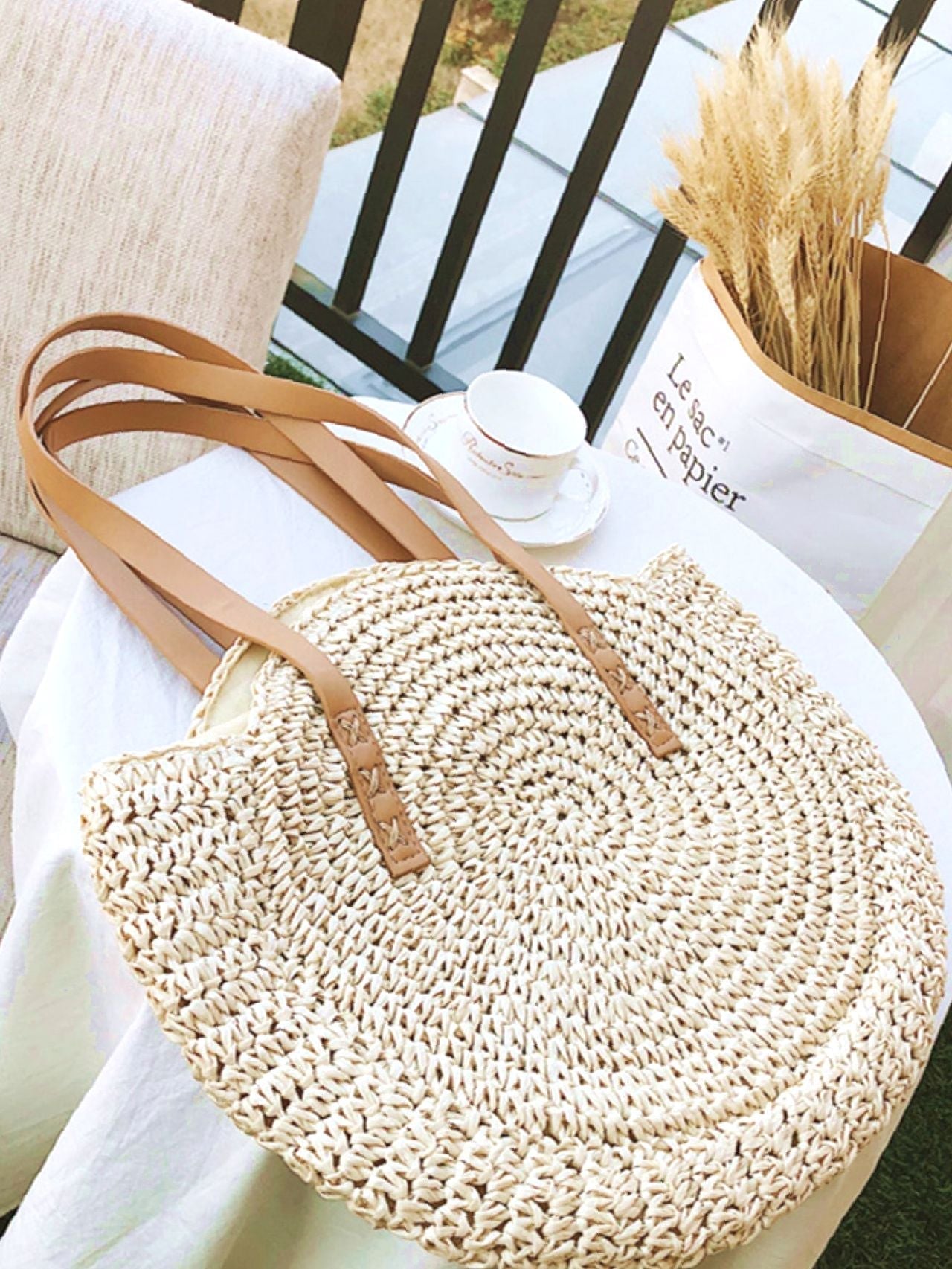 binfenxie - Circle Straw Shoulder Tote Bag  - Women Tote Bags