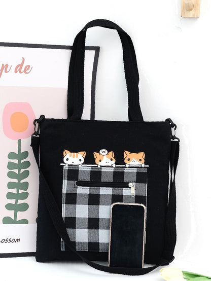 binfenxie - Cartoon & Plaid Pattern Tote Bag  - Women Tote Bags