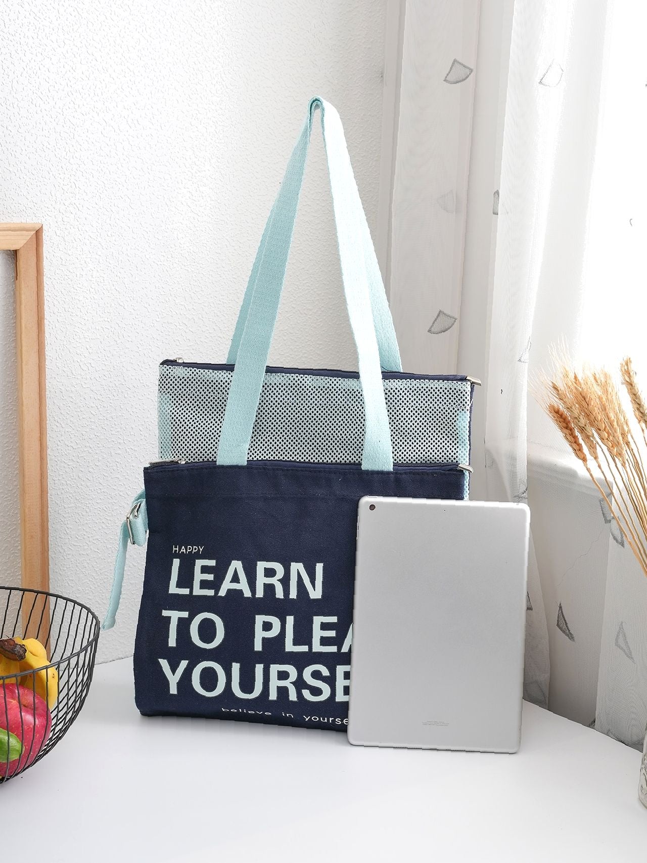 binfenxie - Slogan Graphic Mesh Panel Shoulder Tote Bag  - Women Tote Bags