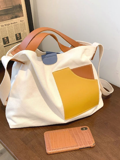 binfenxie - Colorblock Canvas Top Handle Tote Bag  - Women Tote Bags