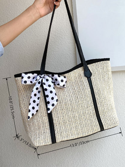 binfenxie - Twilly Scarf Decor Straw Bag  - Women Tote Bags