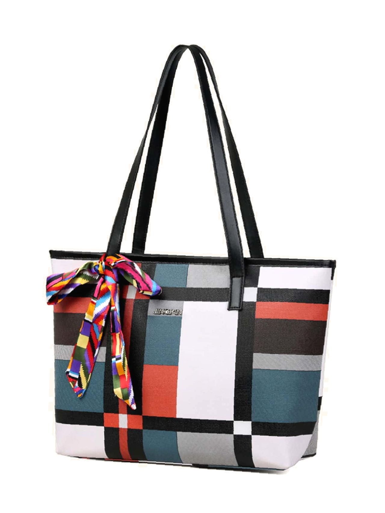 binfenxie - Twilly Scarf Decor Geometric Print Tote Bag  - Women Tote Bags