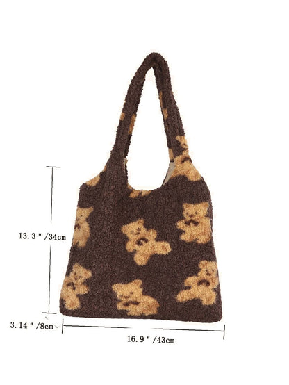 binfenxie - Faux Shearling Cartoon Graphic Tote Bag  - Women Tote Bags