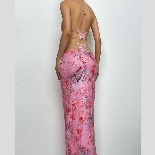 Butterfly Applique Backless V Neck Maxi Dress