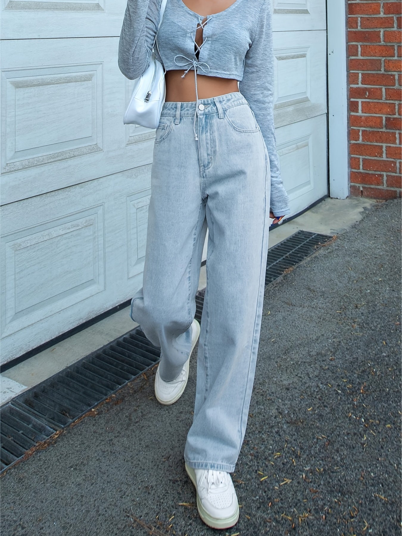 「binfenxie」Light Blue Loose Fit Straight Jeans, Slash Pockets Non-Stretch Baggy Denim Pants, Women's Denim Jeans & Clothing