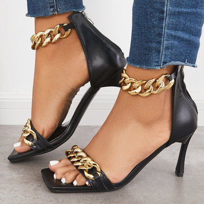 Women Black Sexy Heels Classic Metal Chain Sandals for Women