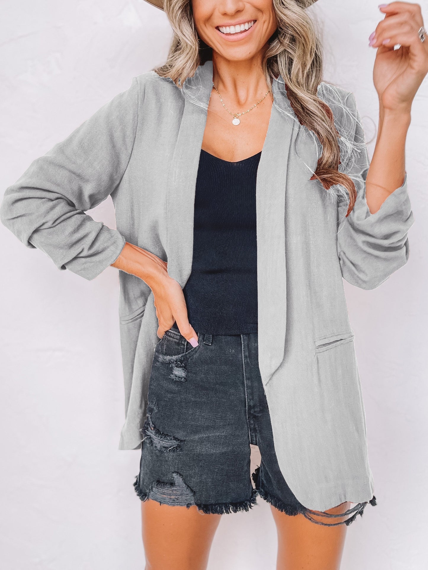 「binfenxie」Solid Lapel Blazer Jacket, Casual Long Sleeve Office Work Outerwear, Women's Clothing