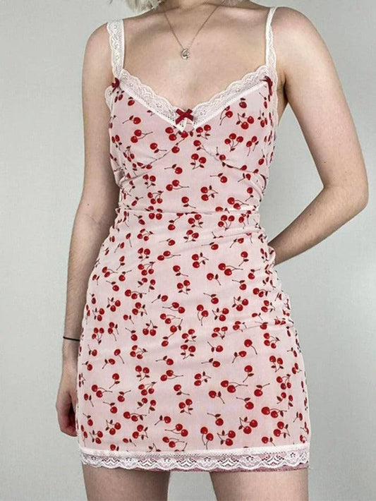 Cherry Print Lace Splice V Neck Mini Dress