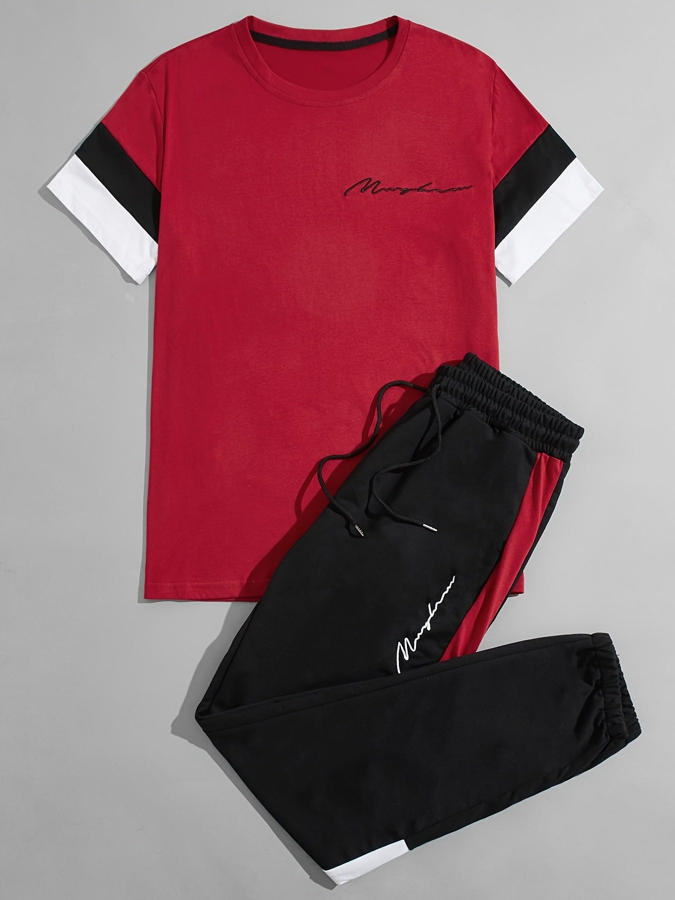 「binfenxie」Men's Colorblock Casual T-shirt Outfit Set, 2 Pieces Round Neck Short Sleeve Tees And Drawstring Long Pants