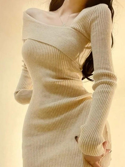 Solid Ribbed Splice Slanted Neck Knit Mini Dress