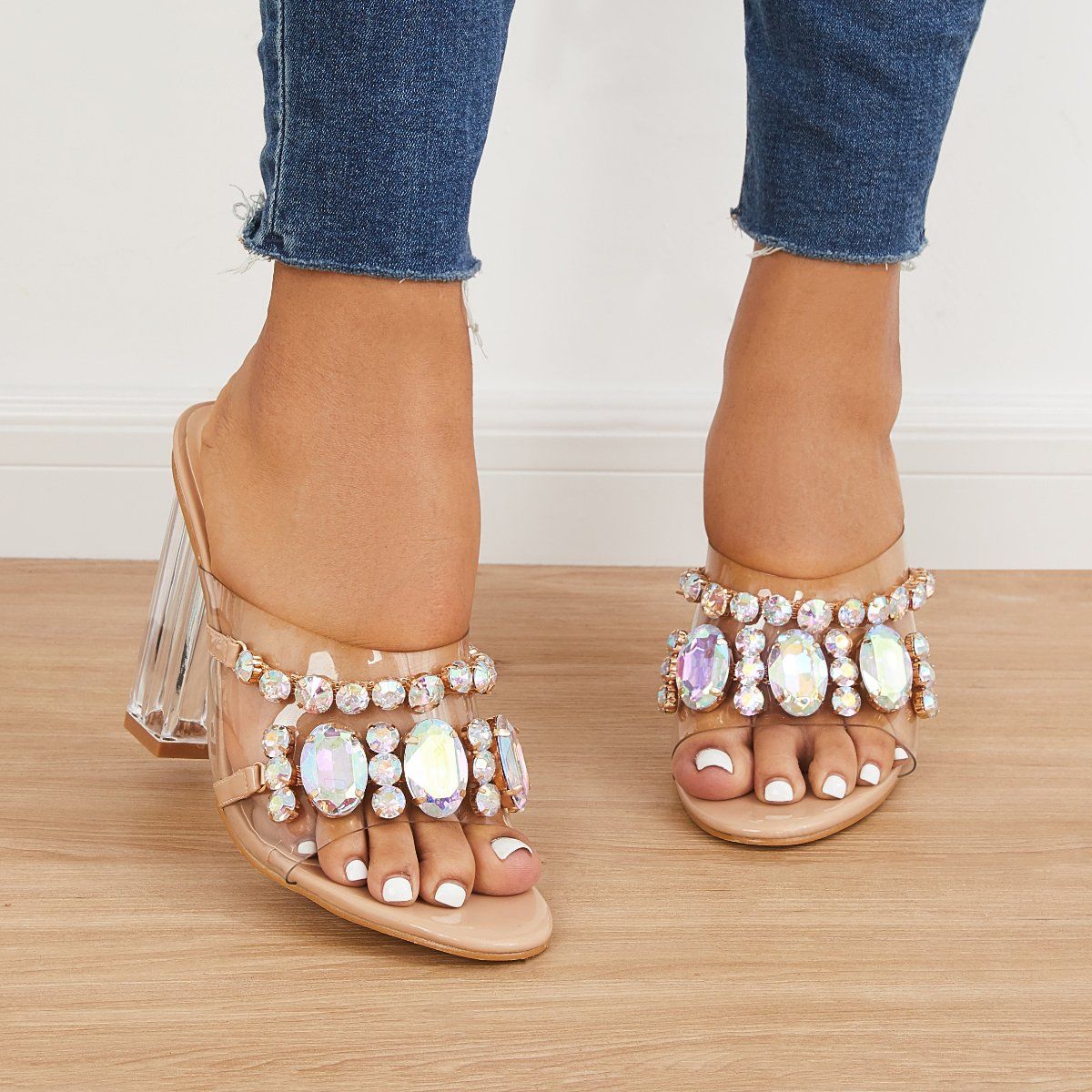 Women Rhinestone Heels Jewelry Chunky Heeled Mules Clear Slipper Sandals Imilybela