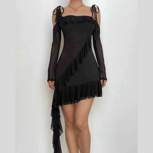 Ruffle Self Tie Irregular Off Shoulder Mesh Long Sleeve Mini Dress