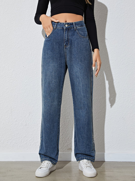 「binfenxie」High Waist Plicated Hem Boyfriend Jeans, Casual Loose Draped Straight Leg Pants, Women's Denim & Clothing