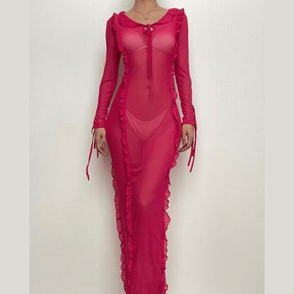 Ruffle Turtle Neck Sheer Mesh See Through Long Sleeve Maxi Dress