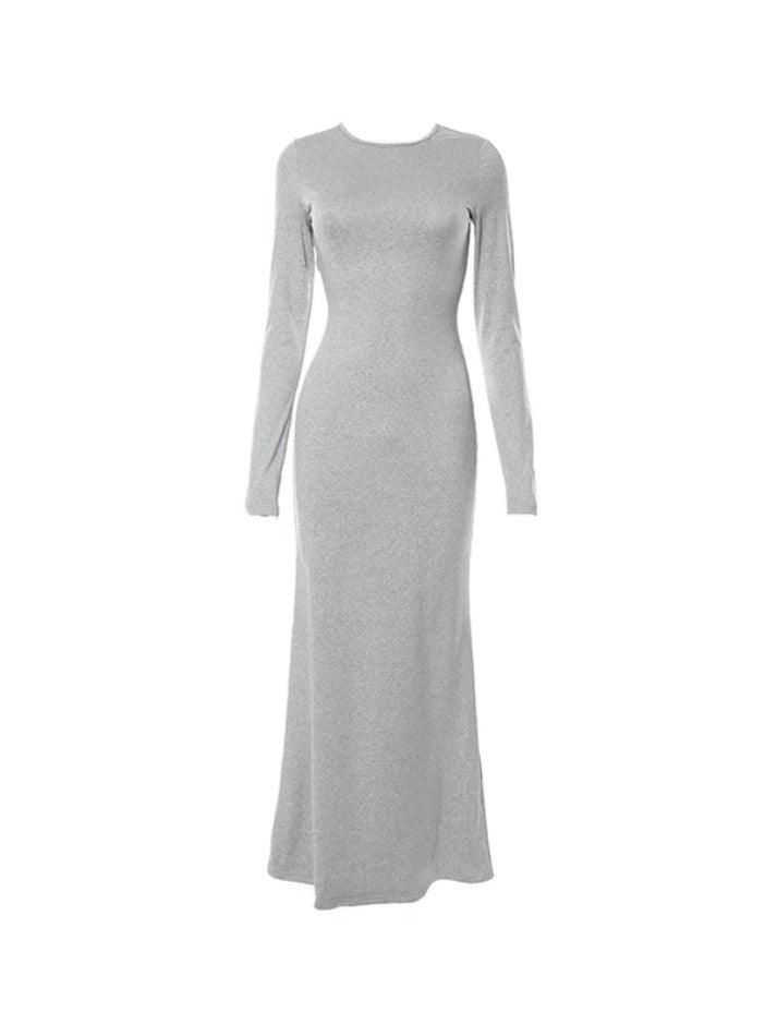 Solid Crew Neck Long Sleeve Mermaid Maxi Dress