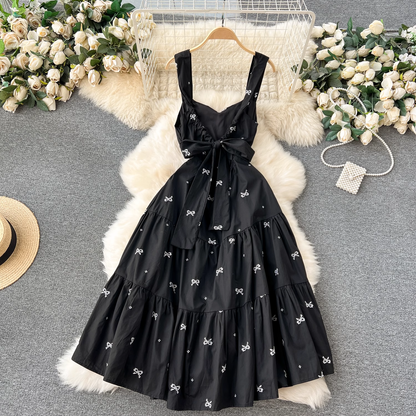 Embroidered Bow Tie Mid-length Resort Style Suspender Dress HOT1203