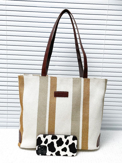 binfenxie - Striped Pattern Letter Patch Shoulder Tote Bag  - Women Tote Bags