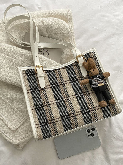 binfenxie - Plaid Pattern Shoulder Tote Bag with Cartoon Bag Charm  - Women Tote Bags