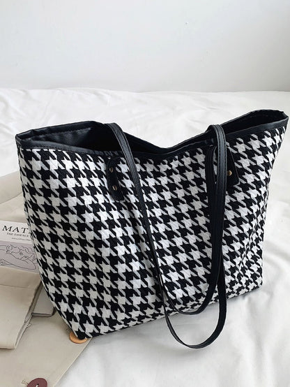 binfenxie - Houndstooth Pattern Shoulder Tote Bag  - Women Tote Bags