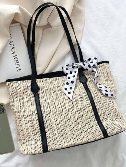 binfenxie - Twilly Scarf Decor Straw Bag  - Women Tote Bags