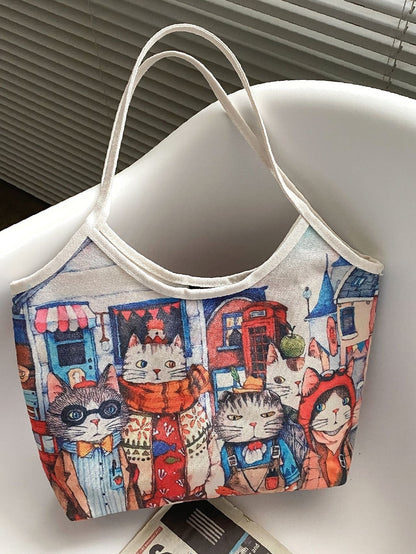 binfenxie - Cartoon Cat Print Tote Bag  - Women Tote Bags