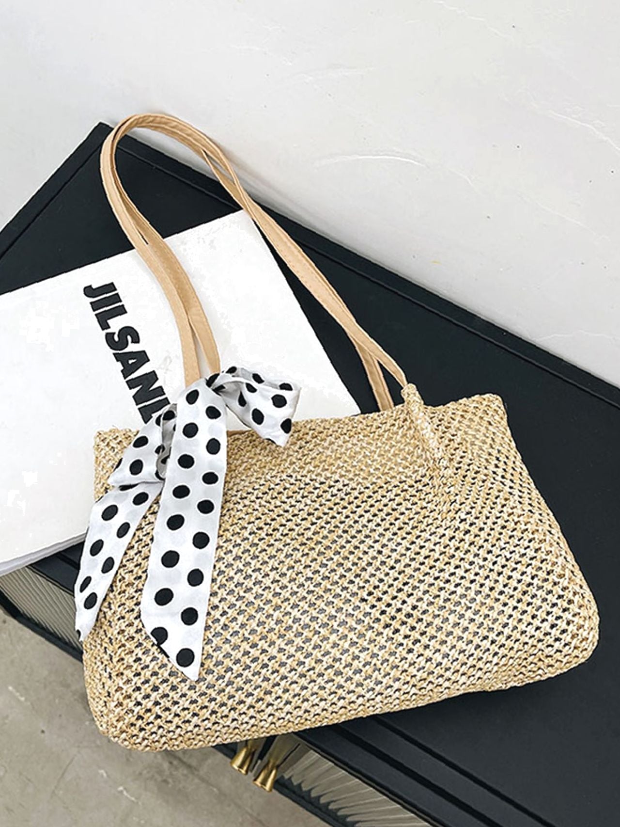 binfenxie - Polka Dot Bow Decor Straw Bag  - Women Tote Bags