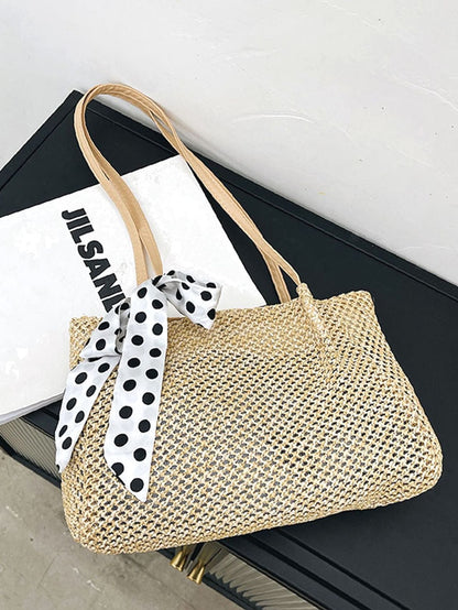 binfenxie - Polka Dot Bow Decor Straw Bag  - Women Tote Bags