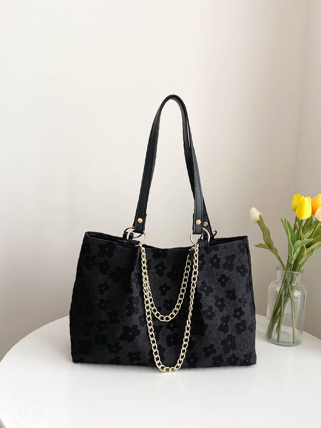 binfenxie - Floral Pattern Chain Shoulder Tote Bag  - Women Tote Bags