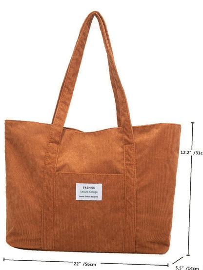 binfenxie - Letter Patch Corduroy Tote Bag  - Women Tote Bags