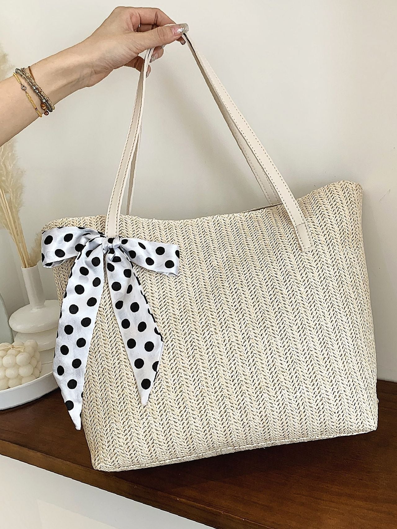 binfenxie - Polka Dot Bow Decor Straw Bag  - Women Tote Bags