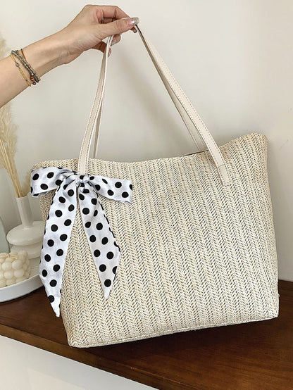 binfenxie - Polka Dot Bow Decor Straw Bag  - Women Tote Bags