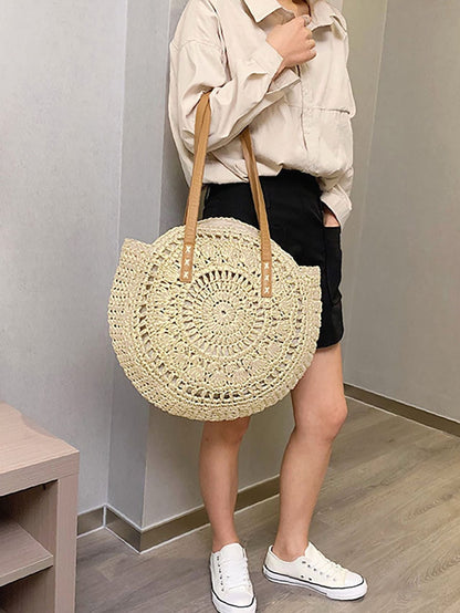 binfenxie - Hollow Out Circle Straw Bag  - Women Tote Bags