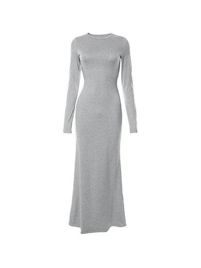 Solid Crew Neck Long Sleeve Mermaid Maxi Dress