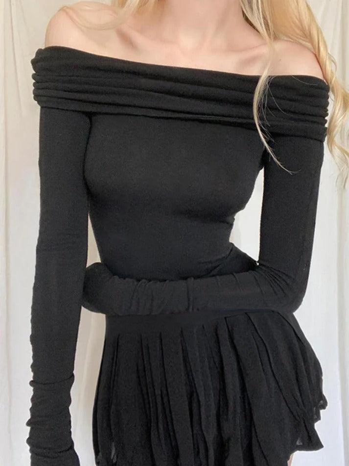 Black Off Shoulder Pleated Slim Mini Dress