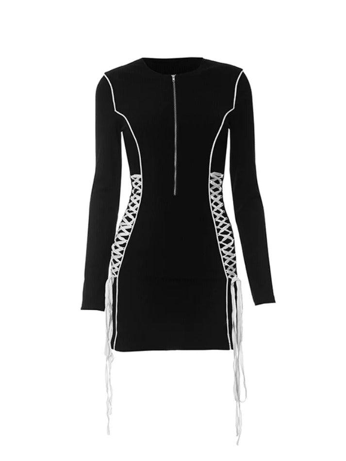 Contrast Color Line Tie Up Zip Up Mini Dress