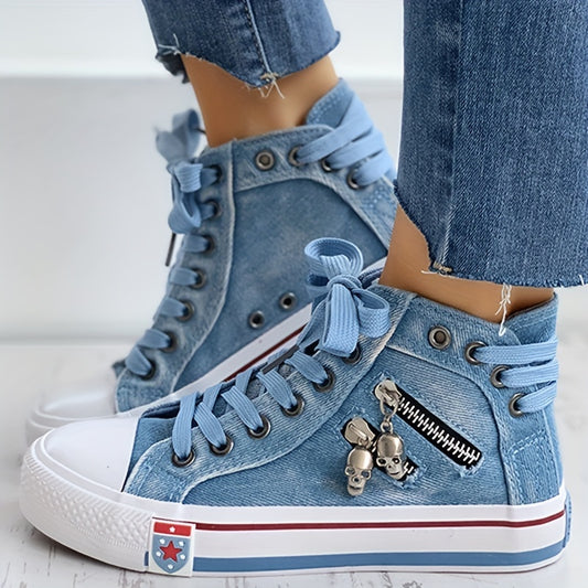 「binfenxie」Women's Denim High Top Sneakers, Fashion Skull Zipper Decor Lace Up Shoes, Casual Walking Shoes