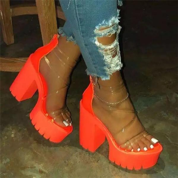 Women Platform Sandals Chunky Heel Zipper Open Toe Strappy See-Through Sandals