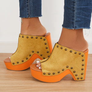 Women Party Chunky Heel Platform Retro Rivets Western Style Block Heel Sandals