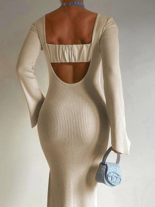 Solid Backless Crew Neck Long Sleeve Knit Midi Dress