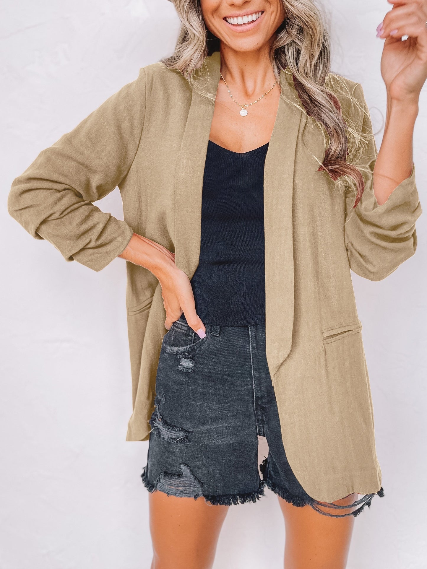 「binfenxie」Solid Lapel Blazer Jacket, Casual Long Sleeve Office Work Outerwear, Women's Clothing